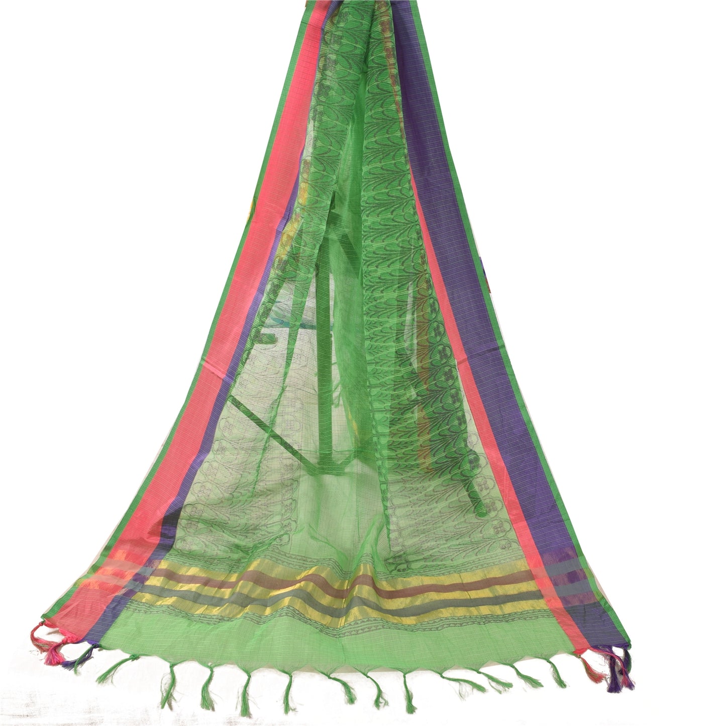 Sanskriti Vintage Lang Dupatta/Stola Grøn Kunstig Silke Håndbloktrykt