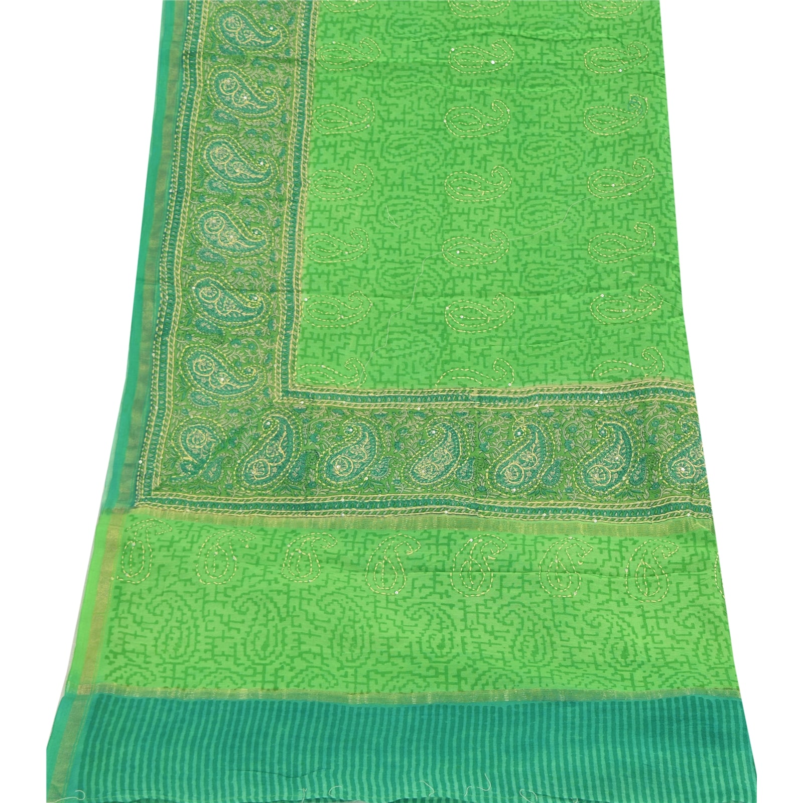 Sanskriti Vintage Green Dupatta Long Scarf Pure Cotton Hand Made Kantha Scarves Sustainable Upcycled Remnant Fabric For DIY Projects