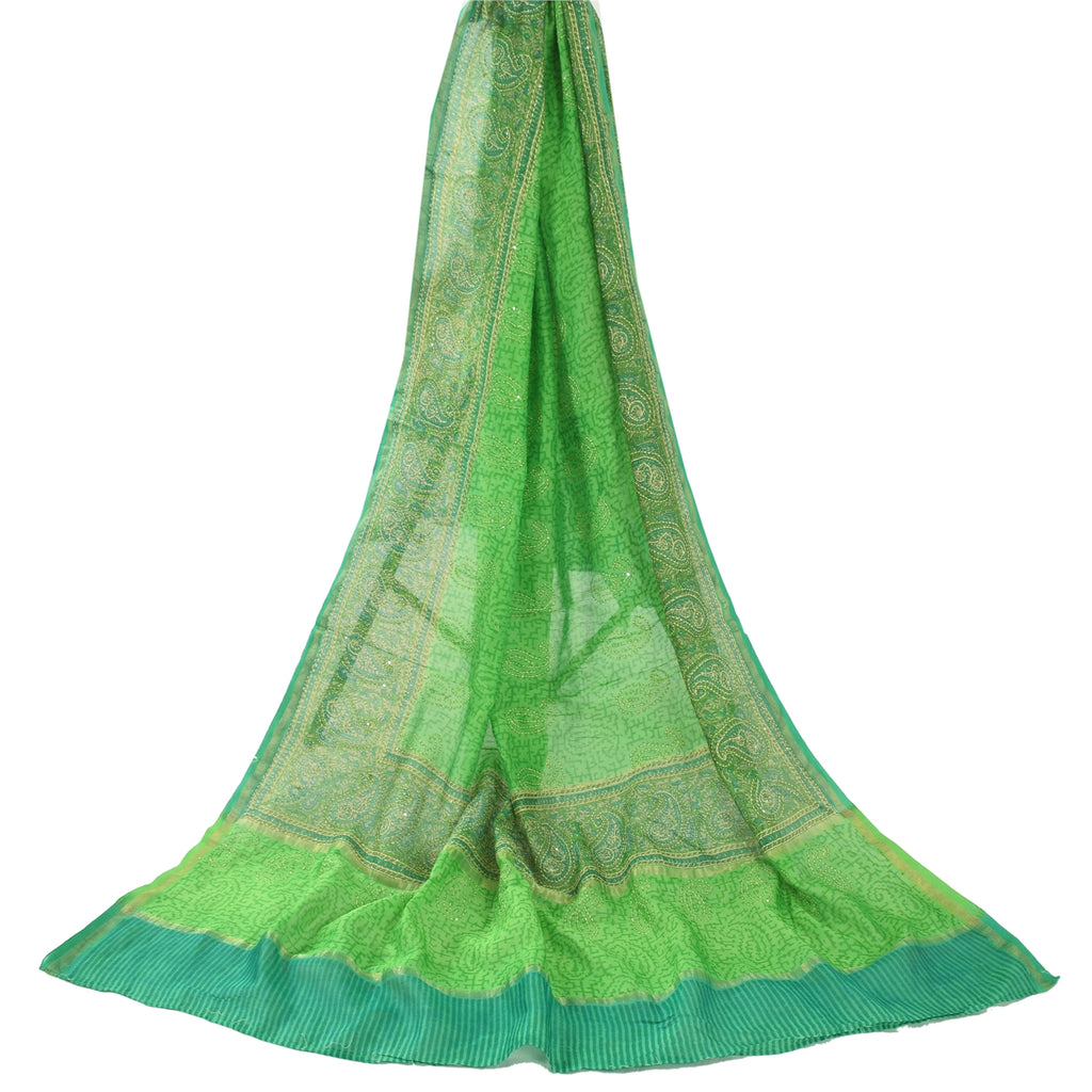 Sanskriti Vintage Green Dupatta Long Scarf Pure Cotton Hand Made Kantha Scarves Sustainable Upcycled Remnant Fabric For DIY Projects
