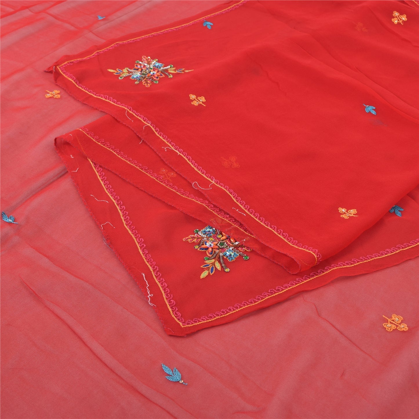 Sanskriti Vintage Red Dupatta Long Stole Pure Georgette Hand Beaded Wrap Scarves