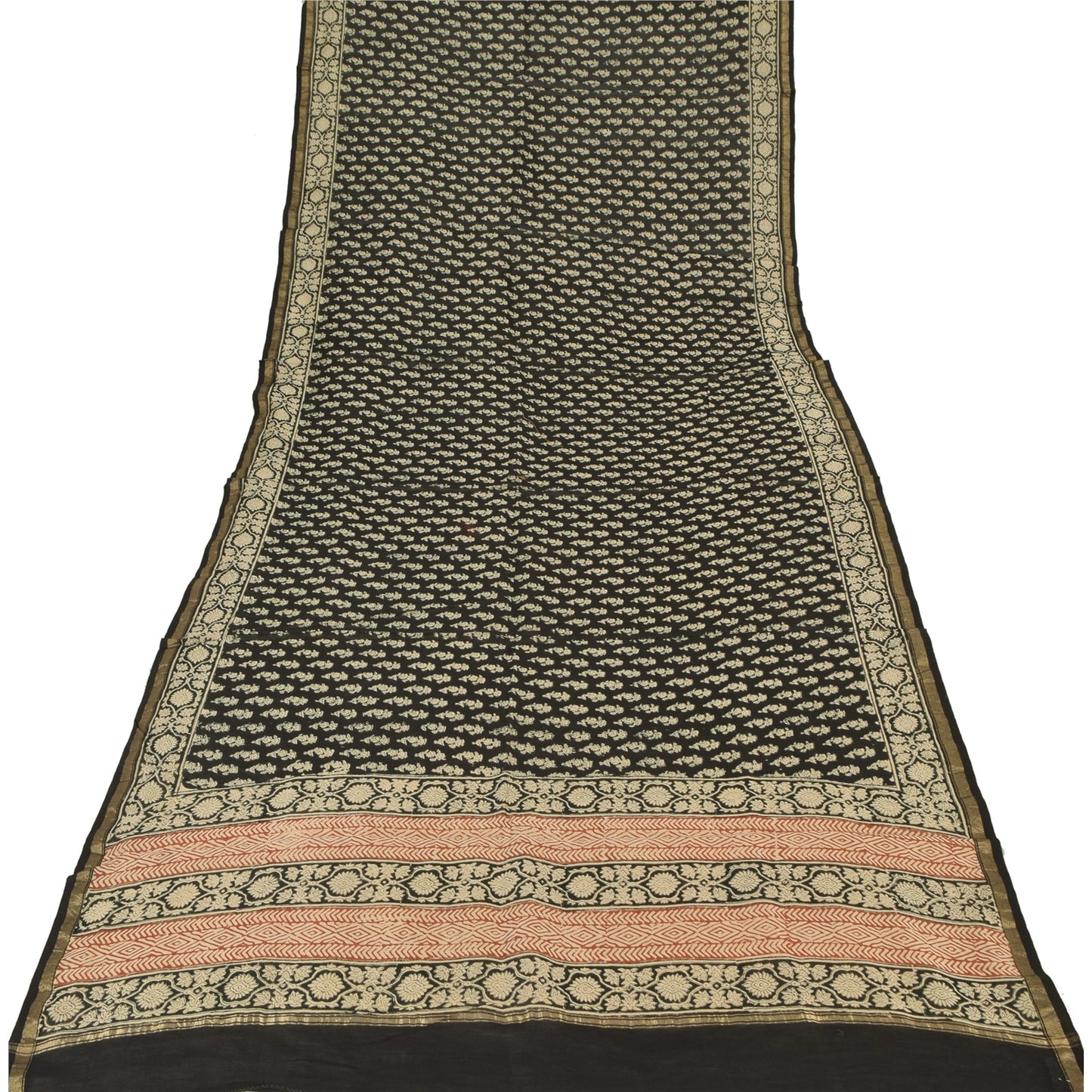 Sanskriti Vintage Long Dupatta/Stole Pure Cotton Black Hand Bloc Printed Veil