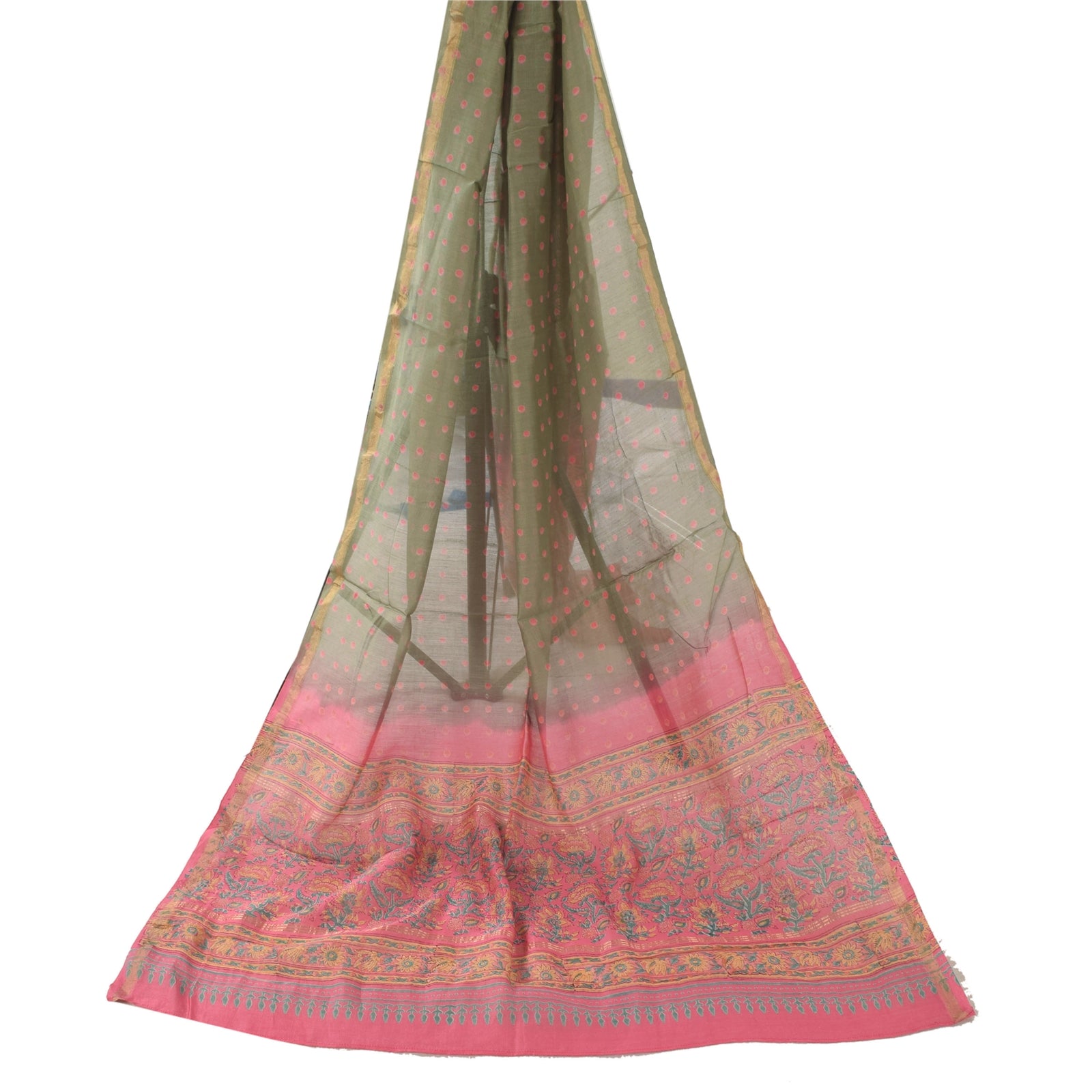 Sanskriti Vintage Long Dupatta/Scarf Cotton Silk Pink & Green Hand Block Floral Printed upcycled Textile Scraps For Upcyclers Crafters
