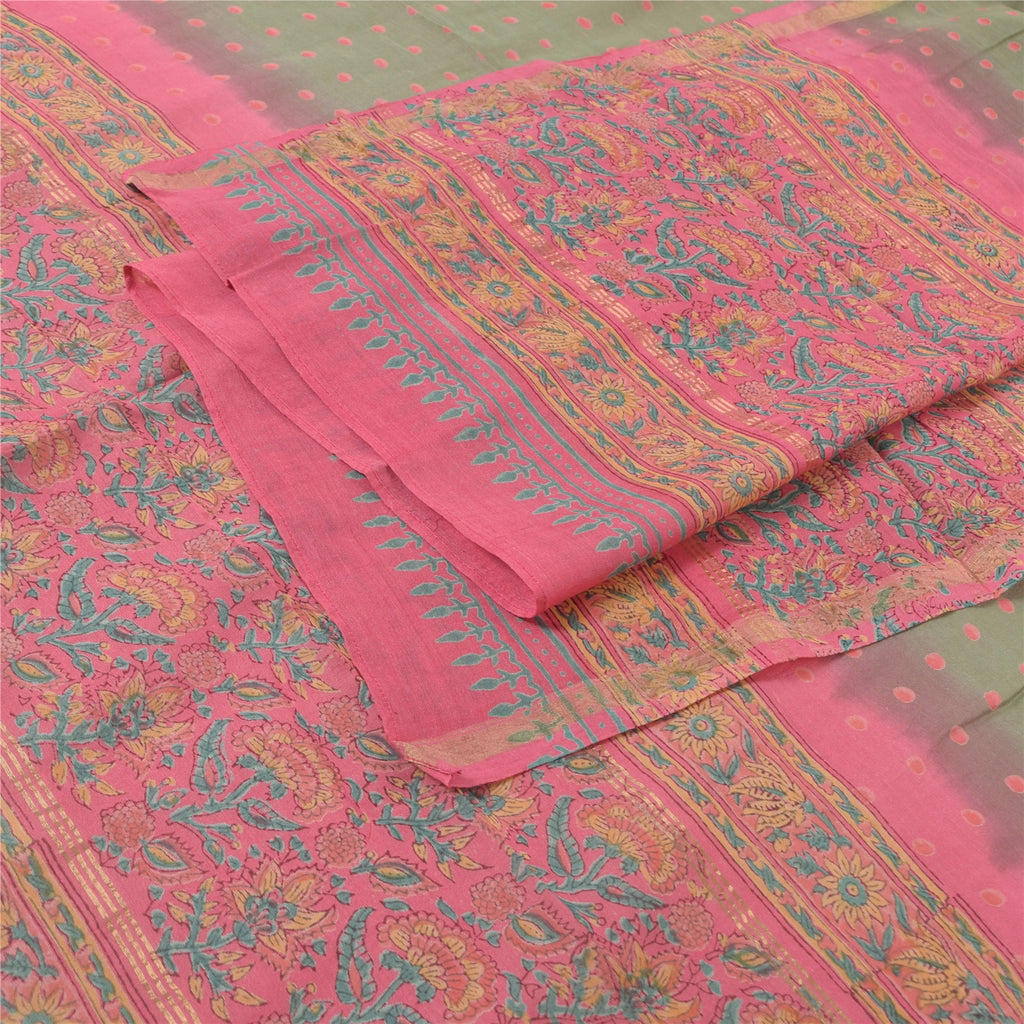 Sanskriti Vintage Long Dupatta/Scarf Cotton Silk Pink & Green Hand Block Floral Printed upcycled Textile Scraps For Upcyclers Crafters