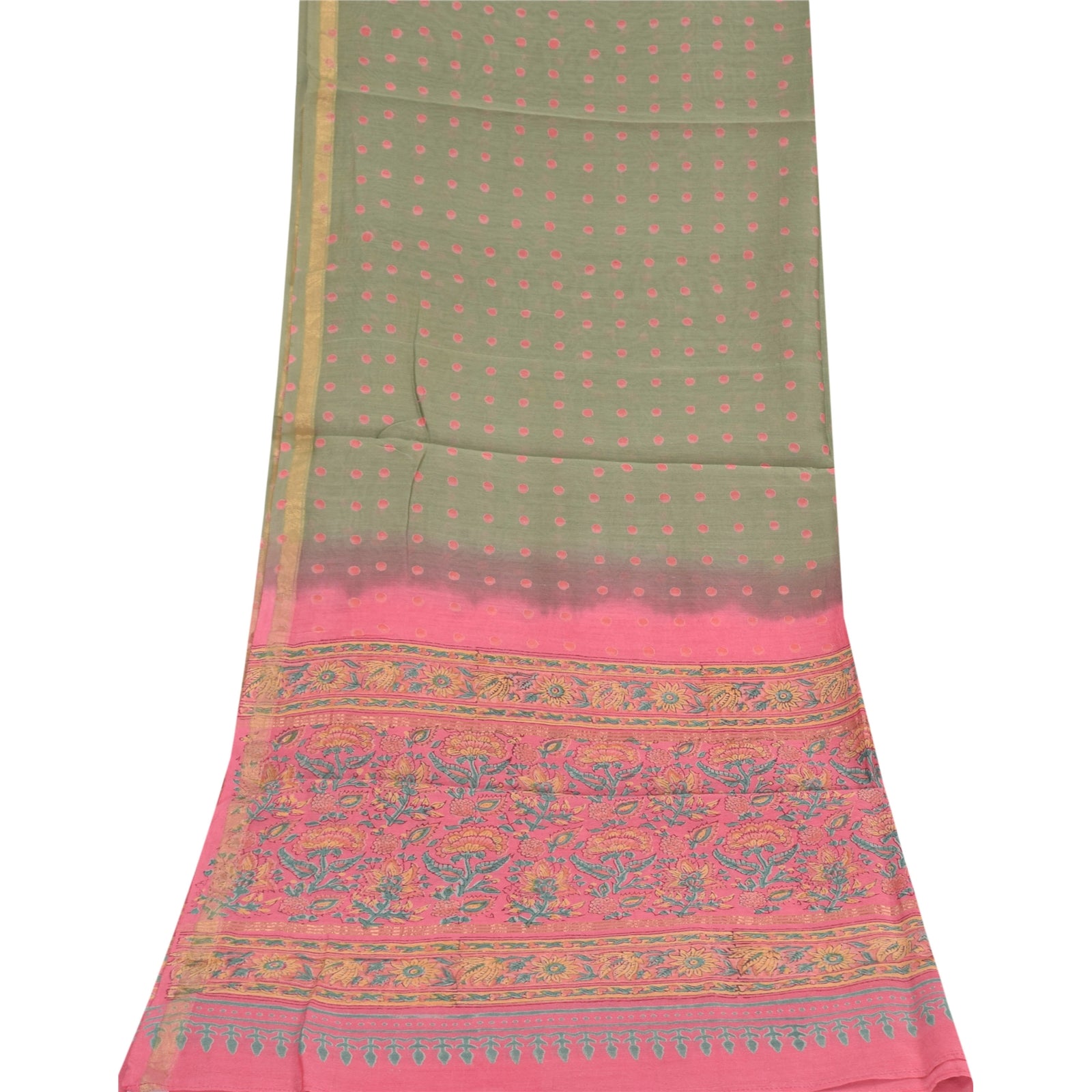 Sanskriti Vintage Long Dupatta/Scarf Cotton Silk Pink & Green Hand Block Floral Printed upcycled Textile Scraps For Upcyclers Crafters