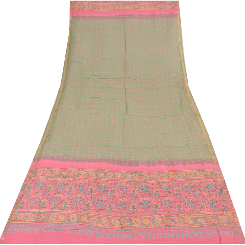 Sanskriti Vintage Long Dupatta/Scarf Cotton Silk Pink & Green Hand Block Floral Printed upcycled Textile Scraps For Upcyclers Crafters