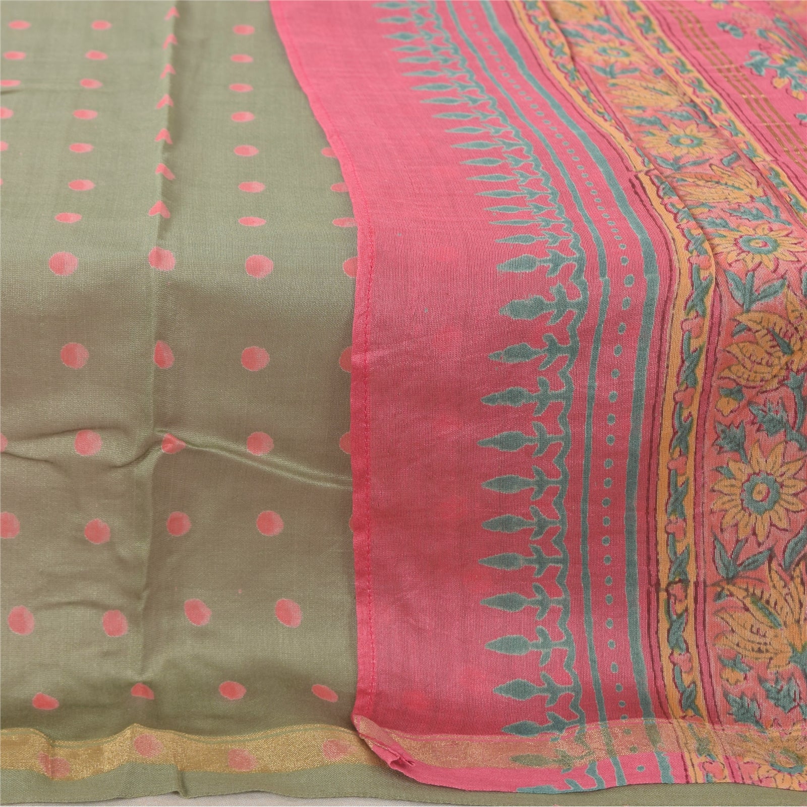 Sanskriti Vintage Long Dupatta/Scarf Cotton Silk Pink & Green Hand Block Floral Printed upcycled Textile Scraps For Upcyclers Crafters