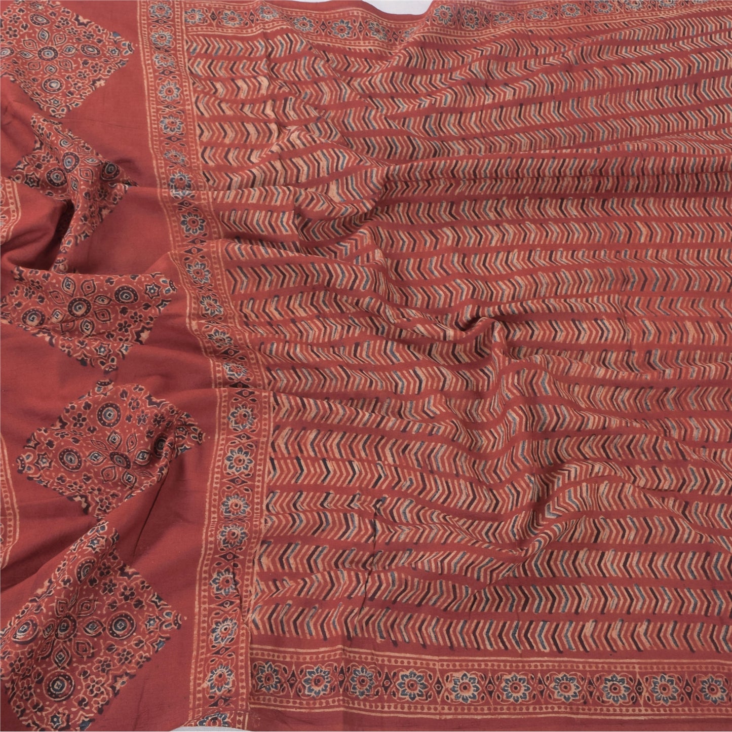 Sanskriti Vintage Lang Dupatta/Stola Ren Bomuld Støvet Rød Håndblokprint Slør
