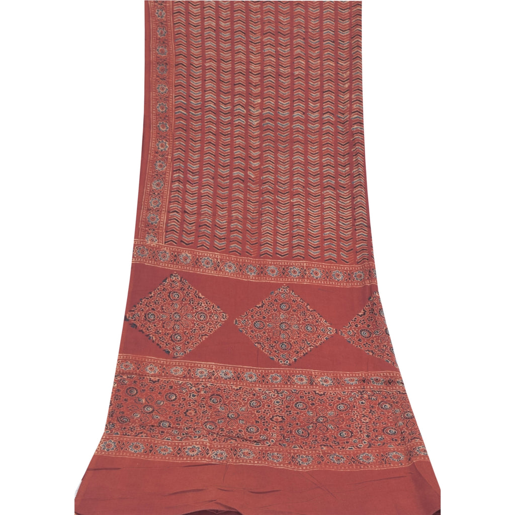 Sanskriti Vintage Lang Dupatta/Stola Ren Bomuld Støvet Rød Håndblokprint Slør