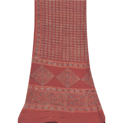 Sanskriti Vintage Lang Dupatta/Stola Ren Bomuld Støvet Rød Håndblokprint Slør