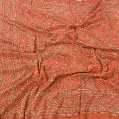 Sanskriti Vintage Long Dupatta/Stole Pure Crepe Silk Orange Printed Scarf Veil