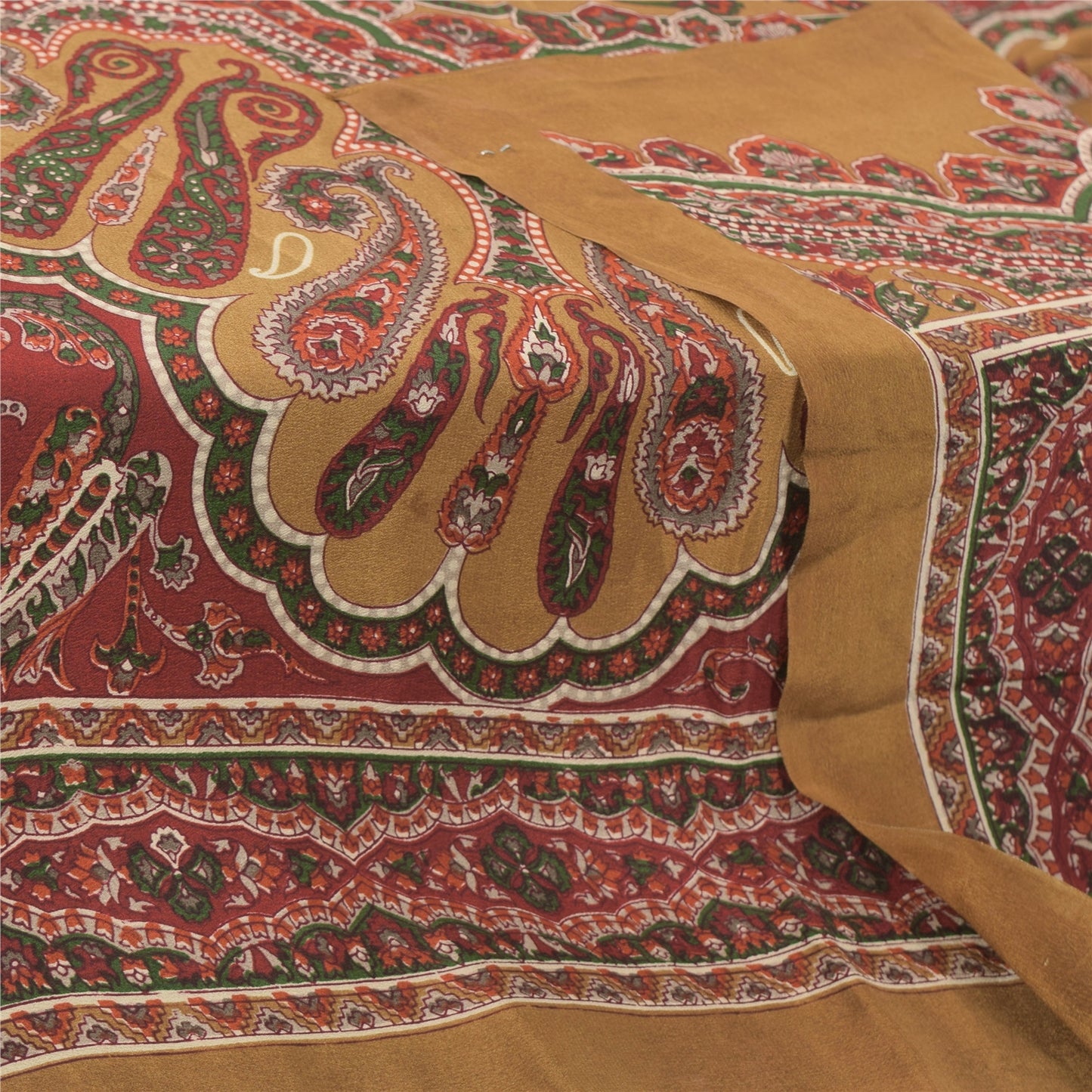 Санскрити Винтаж Длинный Дупатта/Палантин Чистый Шелк Коричневый/Красный Напечатанный Шарф Вуаль