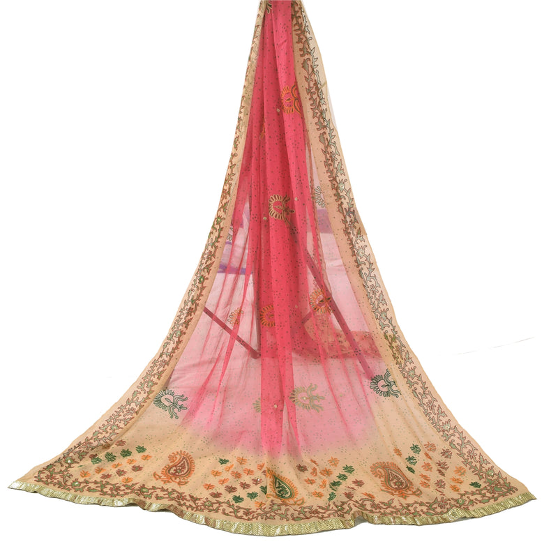 Sanskriti Vintage Long Dupatta/ Pure Georgette Embroidered Pink Thread Sequins Stole Indian Women Veil upcycled Textile Scraps
