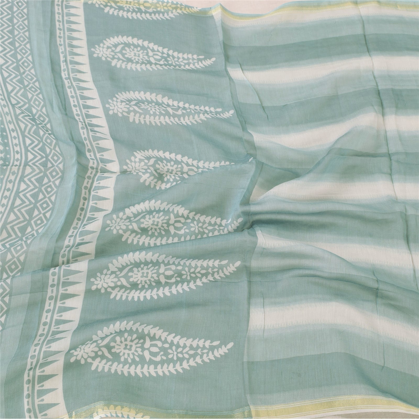 Sanskriti Vintage Long Dupatta/Stole Pure Cotton Blue/Ivory Hand Block Printed