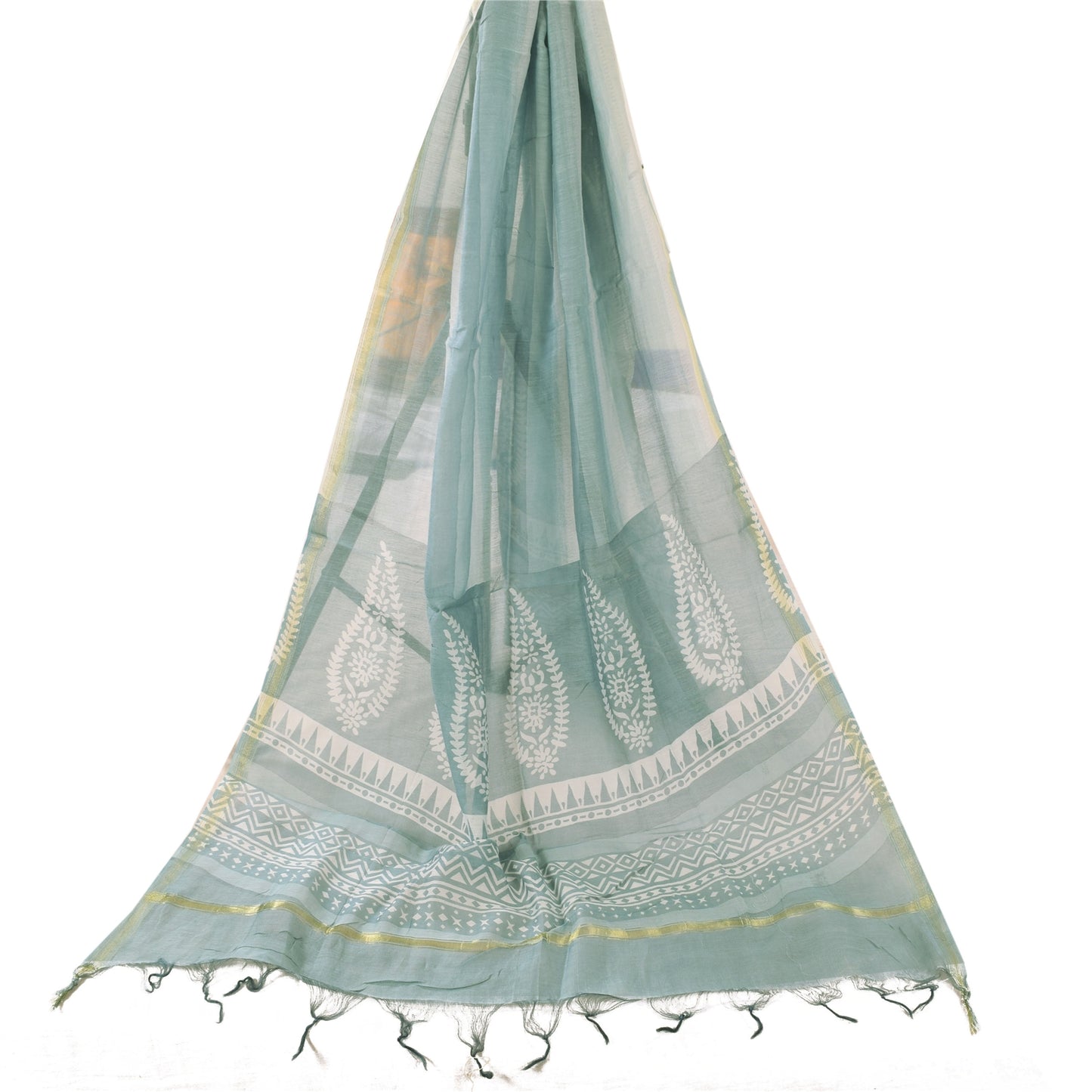 Sanskriti Vintage Long Dupatta/Stole Pure Cotton Blue/Ivory Hand Block Printed