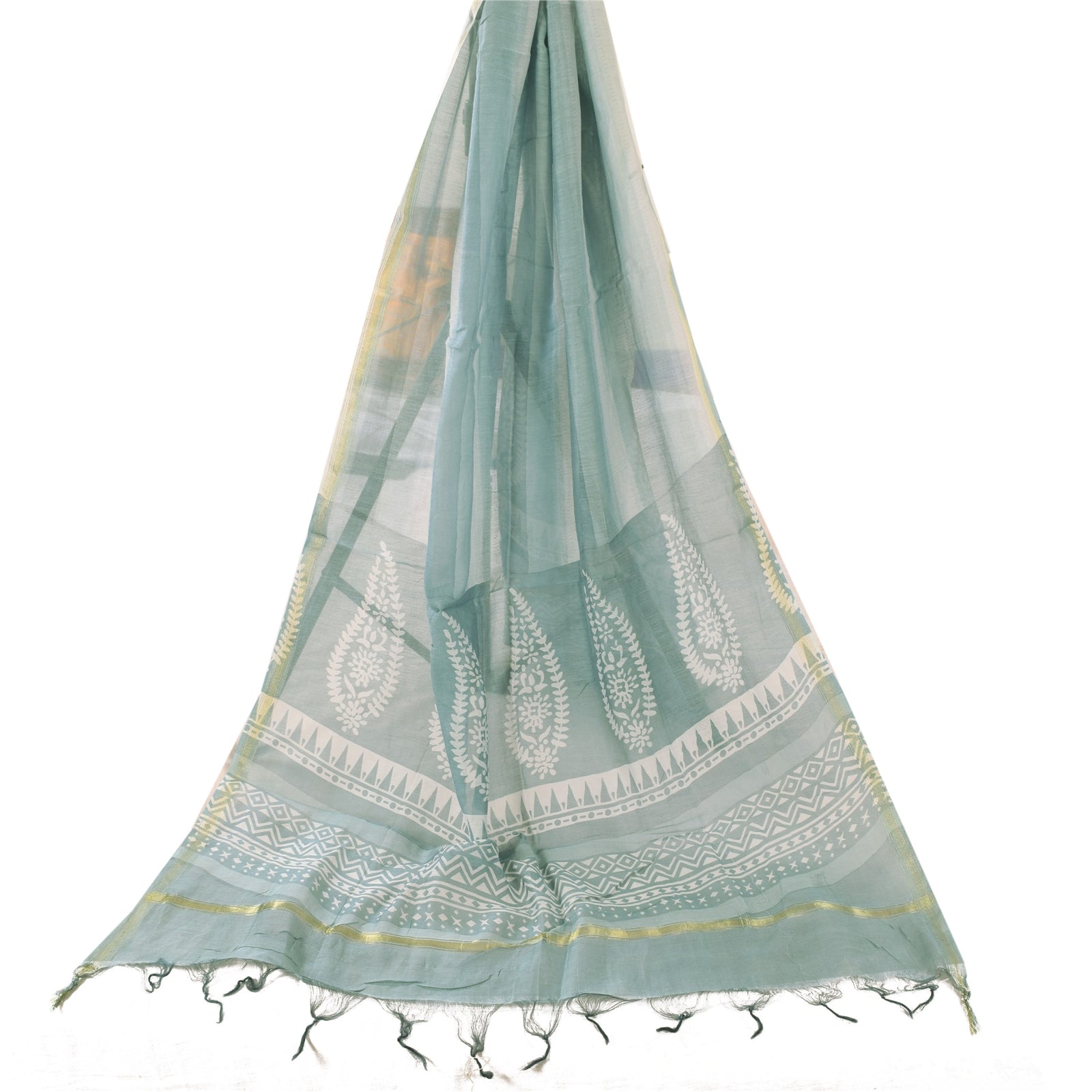 Sanskriti Vintage Long Dupatta/Stole Pure Cotton Blue/Ivory Hand Block Printed