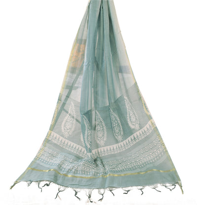 Sanskriti Vintage Long Dupatta/Stole Pure Cotton Blue/Ivory Hand Block Printed