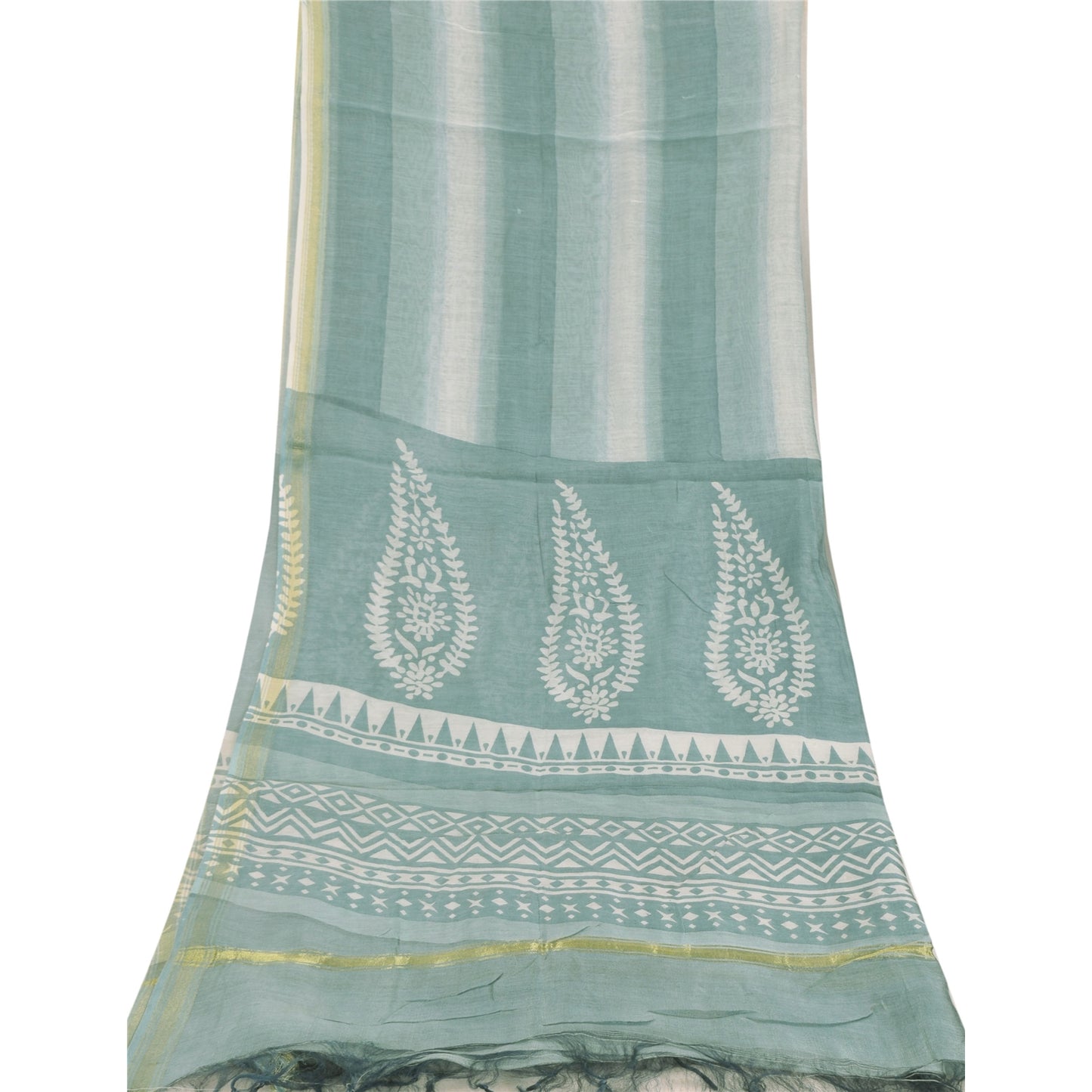 Sanskriti Vintage Long Dupatta/Stole Pure Cotton Blue/Ivory Hand Block Printed