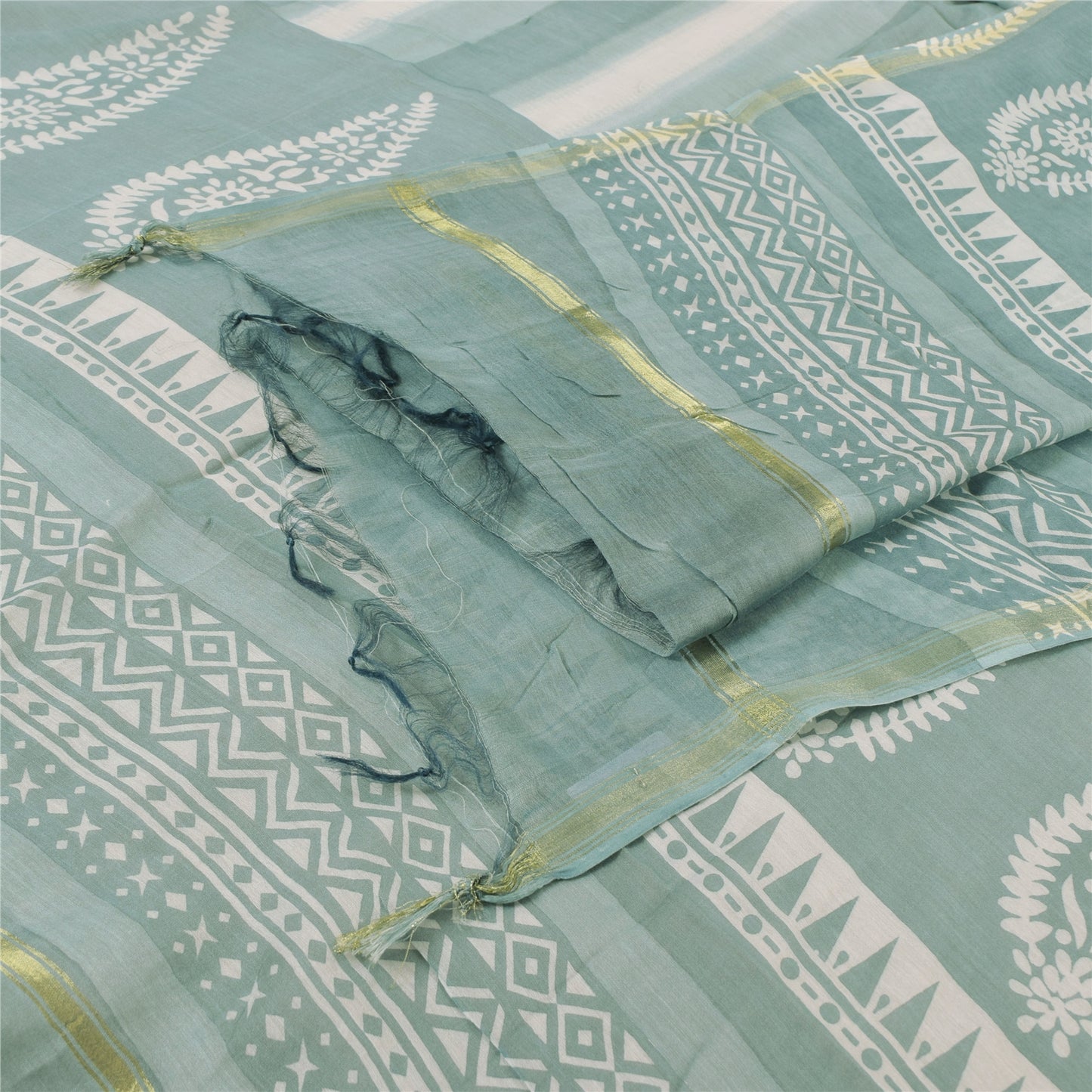 Sanskriti Vintage Long Dupatta/Stole Pure Cotton Blue/Ivory Hand Block Printed