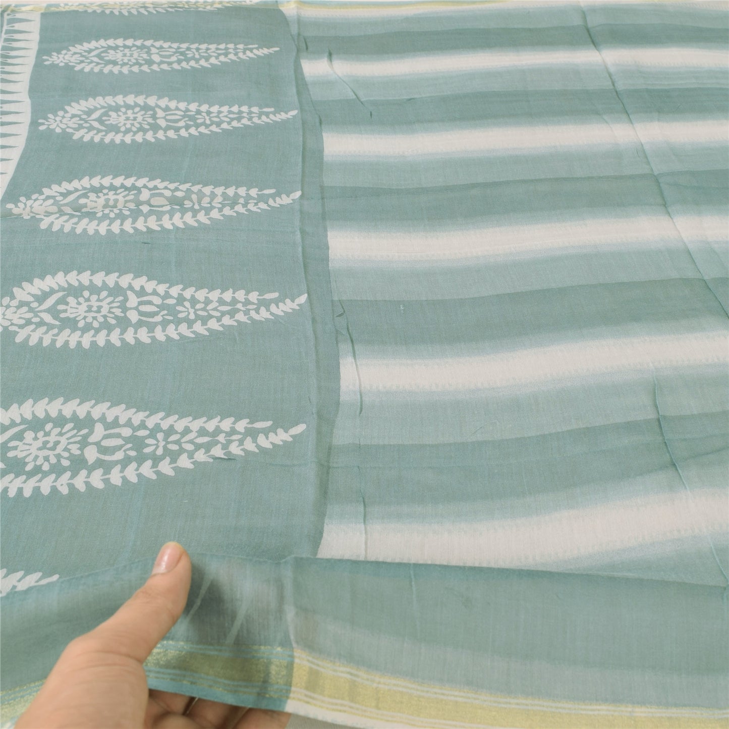 Sanskriti Vintage Long Dupatta/Stole Pure Cotton Blue/Ivory Hand Block Printed