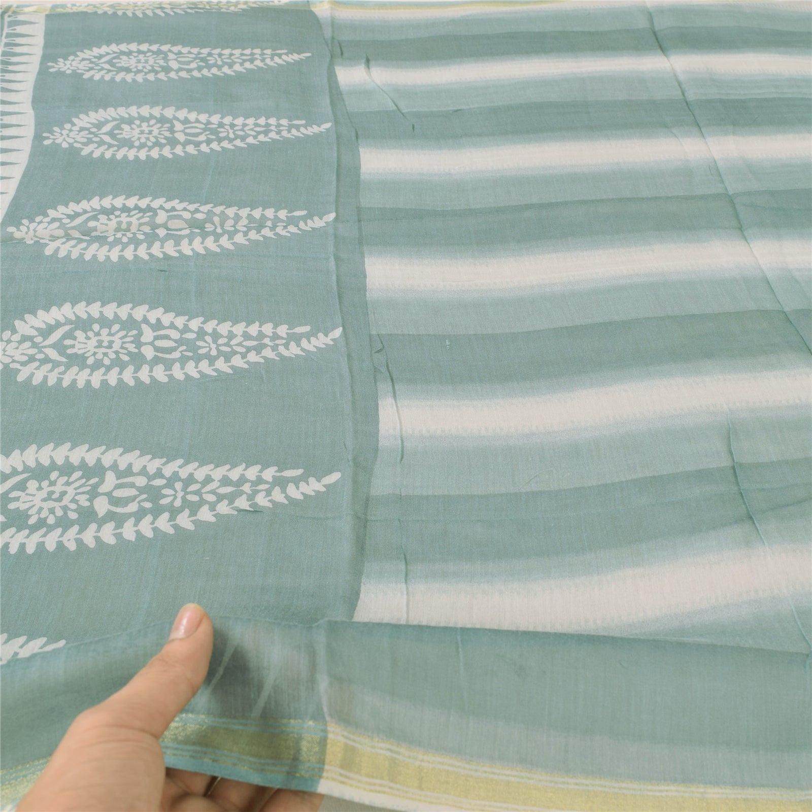 Sanskriti Vintage Long Dupatta/Stole Pure Cotton Blue/Ivory Hand Block Printed