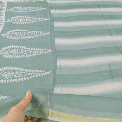 Sanskriti Vintage Long Dupatta/Stole Pure Cotton Blue/Ivory Hand Block Printed