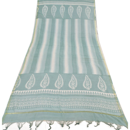 Sanskriti Vintage Long Dupatta/Stole Pure Cotton Blue/Ivory Hand Block Printed