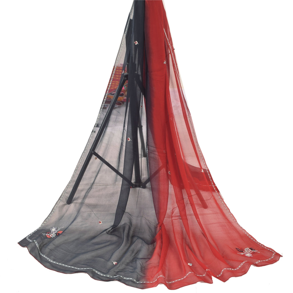 Sanskriti Vintage Red/Black Dupatta Long Stole Pure Georgette Hand Beaded Hijab