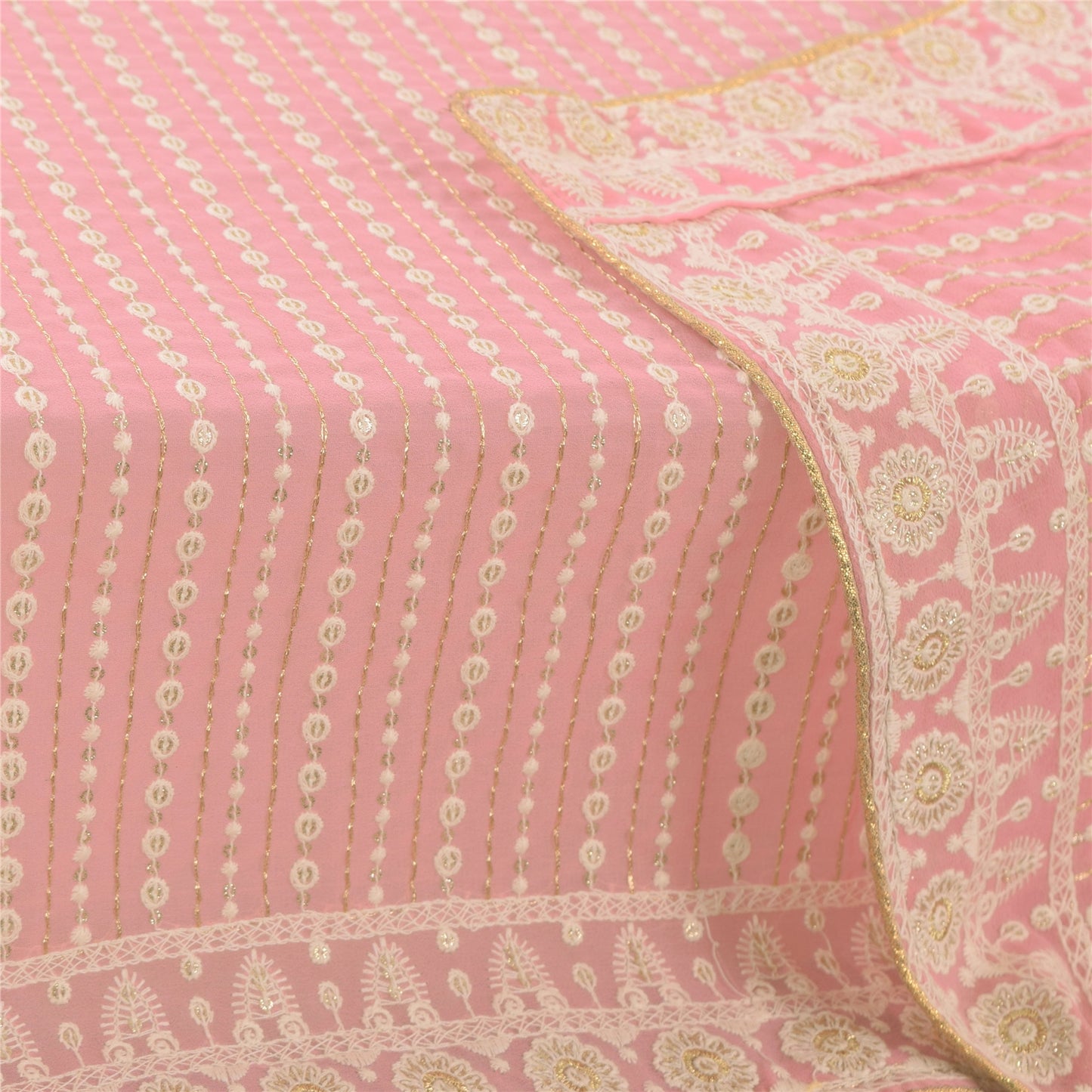 Sanskriti Vintage Long Dupatta/Stole Georgette Pink Hand Embroidered Scarf Veil