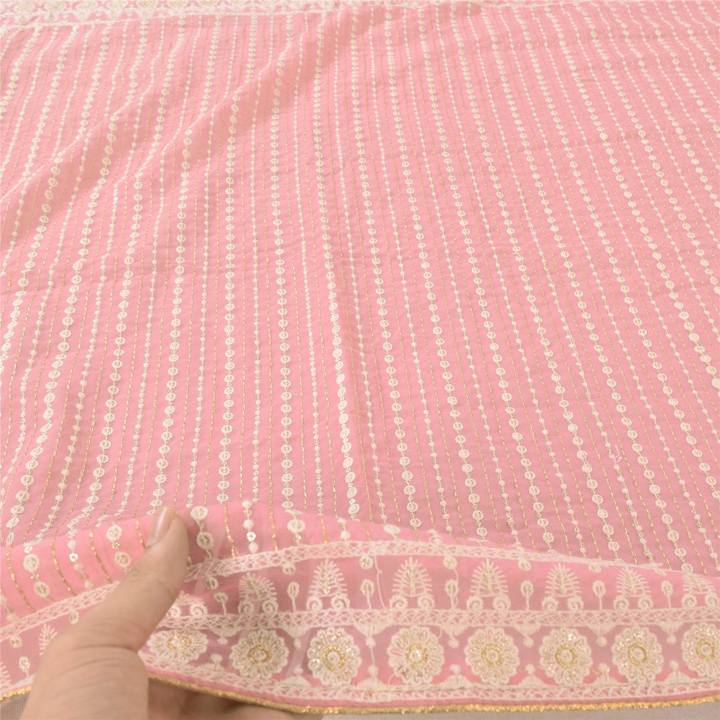 Sanskriti Vintage Long Dupatta/Stole Georgette Pink Hand Embroidered Scarf Veil