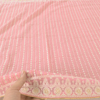 Sanskriti Vintage Long Dupatta/Stole Georgette Pink Hand Embroidered Scarf Veil