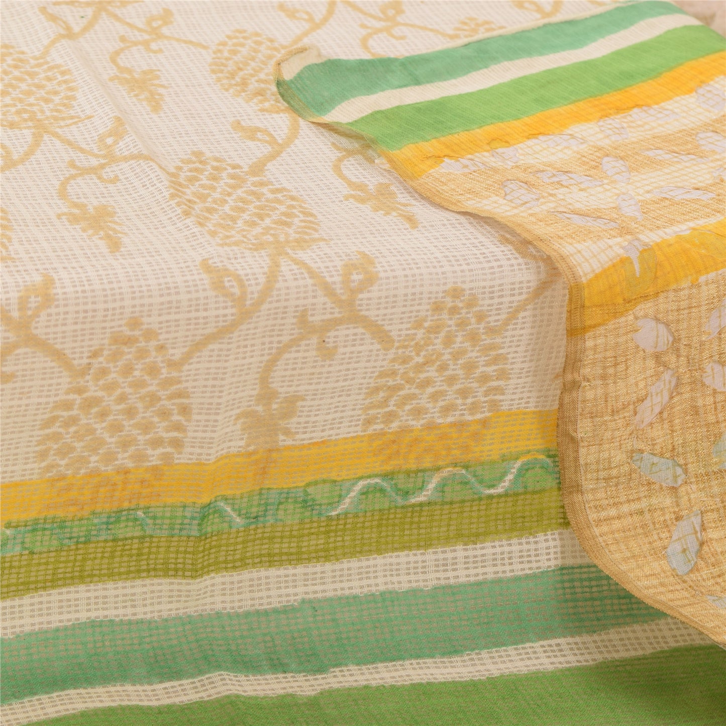 Sanskriti Vintage Long Dupatta/Stole Ivory Kota Woven Blend Cotton Scarf Veil