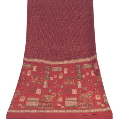 Sanskriti Vintage Long Dupatta/Stole Pure Crepe Silk Dark Red Printed Scarf Veil