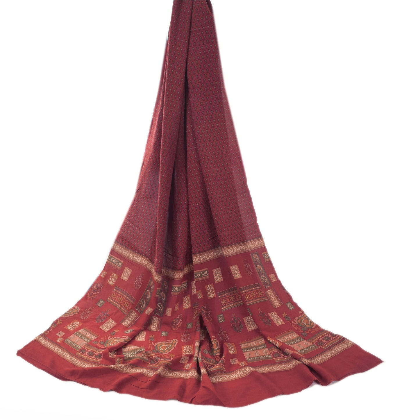 Sanskriti Vintage Long Dupatta/Stole Pure Crepe Silk Dark Red Printed Scarf Veil