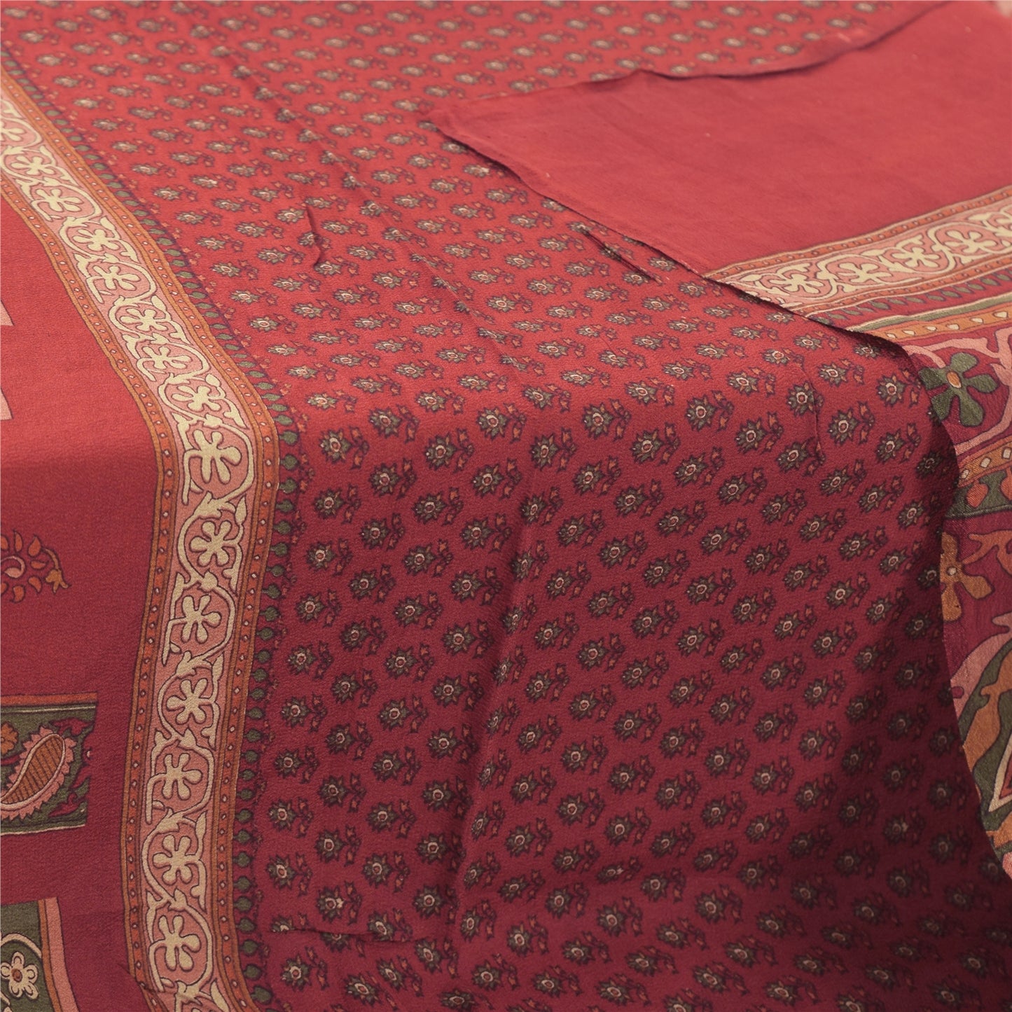 Sanskriti Vintage Long Dupatta/Stole Pure Crepe Silk Dark Red Printed Scarf Veil