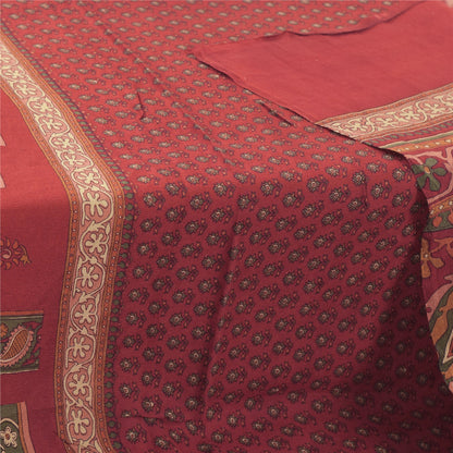 Sanskriti Vintage Long Dupatta/Stole Pure Crepe Silk Dark Red Printed Scarf Veil