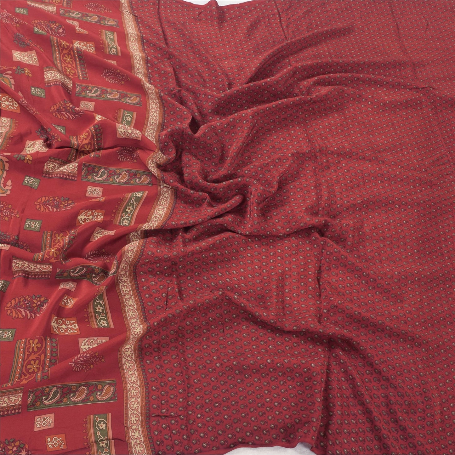Sanskriti Vintage Long Dupatta/Stole Pure Crepe Silk Dark Red Printed Scarf Veil