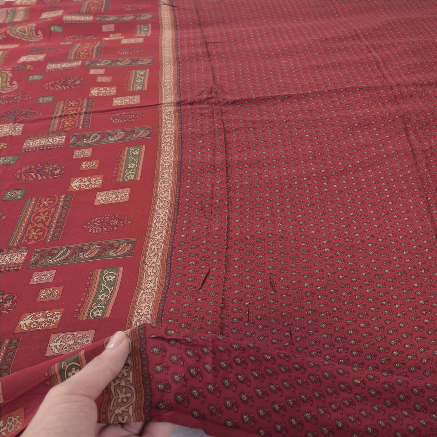 Sanskriti Vintage Long Dupatta/Stole Pure Crepe Silk Dark Red Printed Scarf Veil