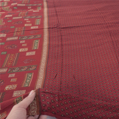 Sanskriti Vintage Long Dupatta/Stole Pure Crepe Silk Dark Red Printed Scarf Veil