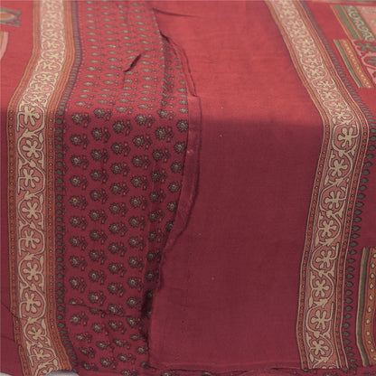 Sanskriti Vintage Long Dupatta/Stole Pure Crepe Silk Dark Red Printed Scarf Veil