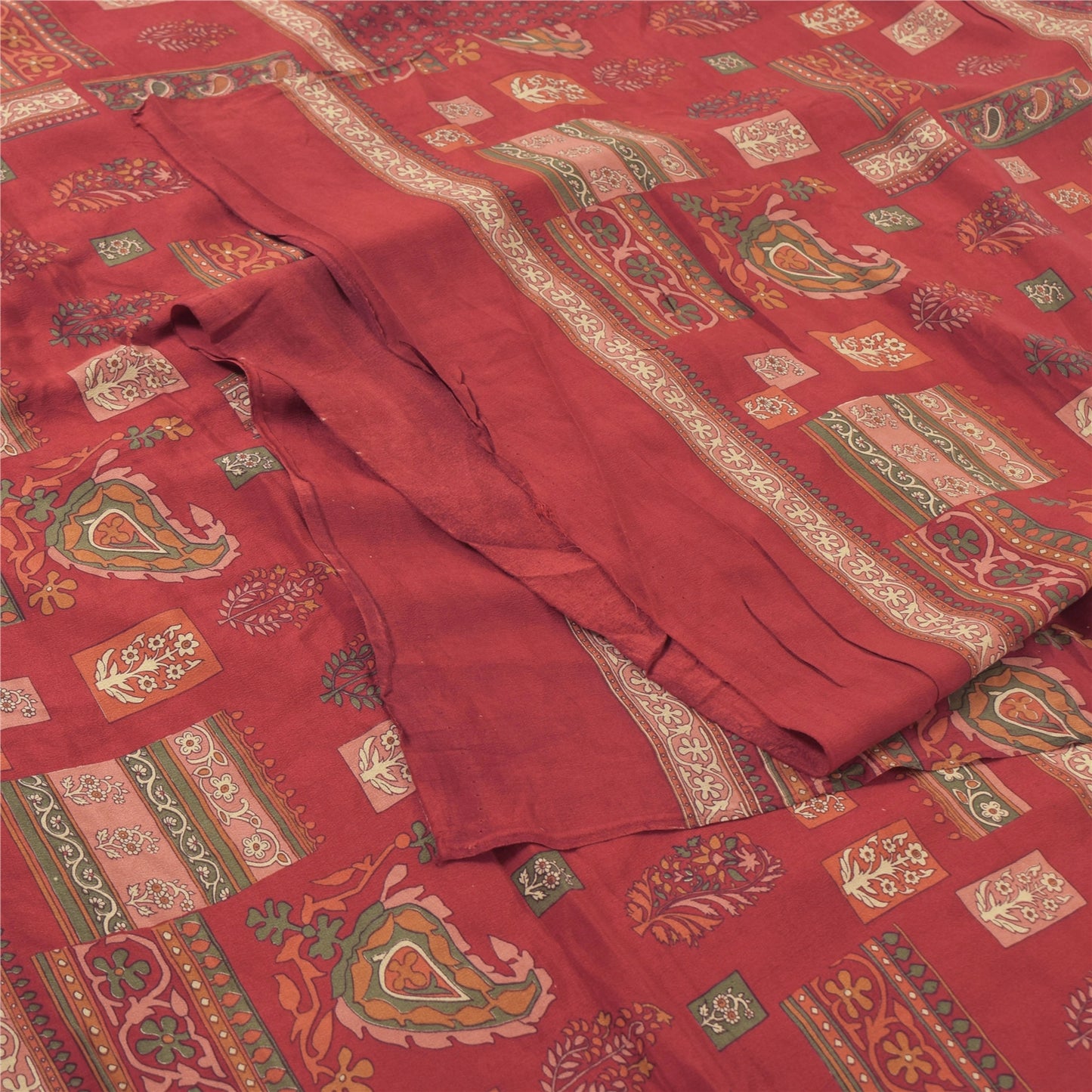 Sanskriti Vintage Long Dupatta/Stole Pure Crepe Silk Dark Red Printed Scarf Veil