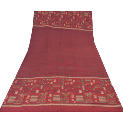 Sanskriti Vintage Long Dupatta/Stole Pure Crepe Silk Dark Red Printed Scarf Veil