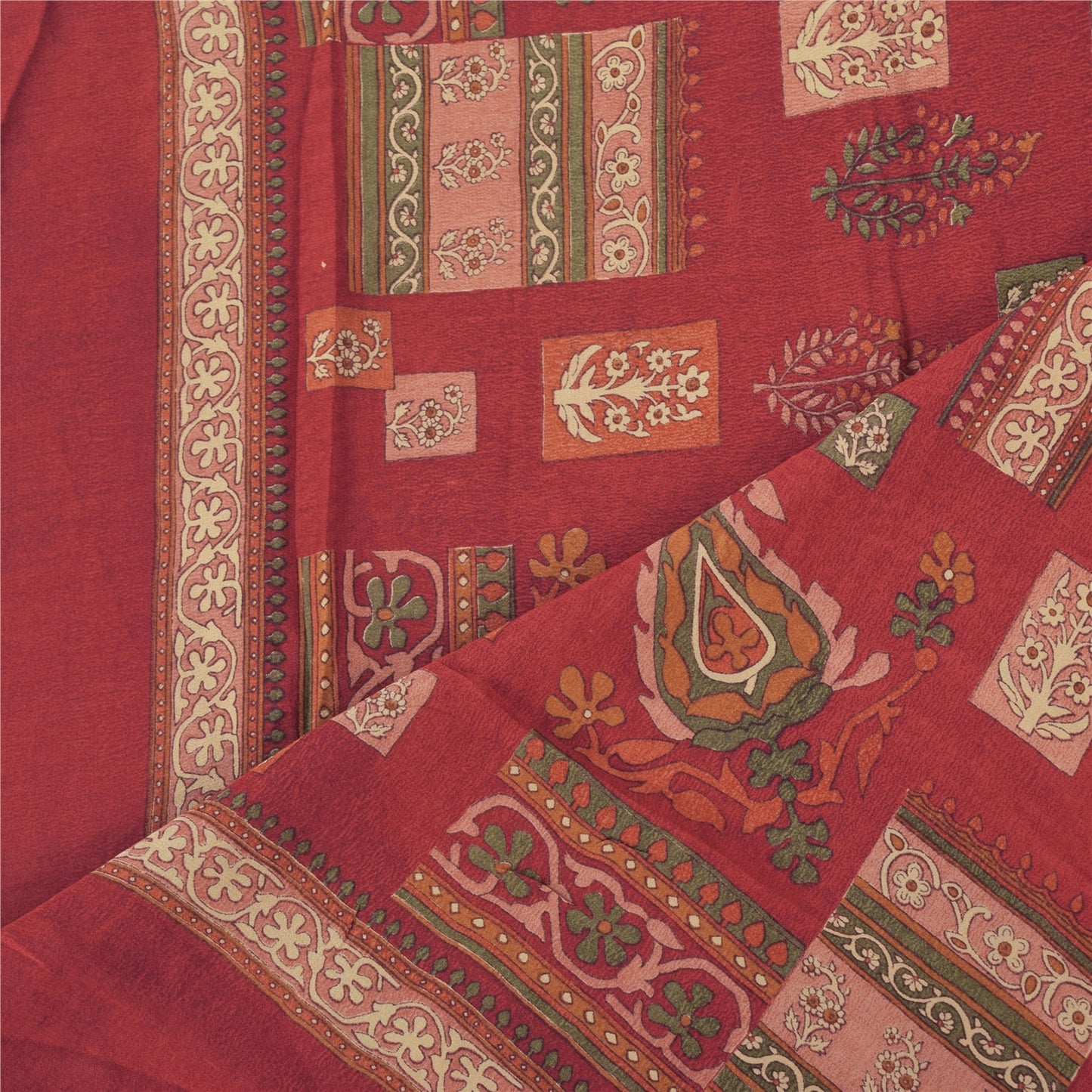 Sanskriti Vintage Long Dupatta/Stole Pure Crepe Silk Dark Red Printed Scarf Veil