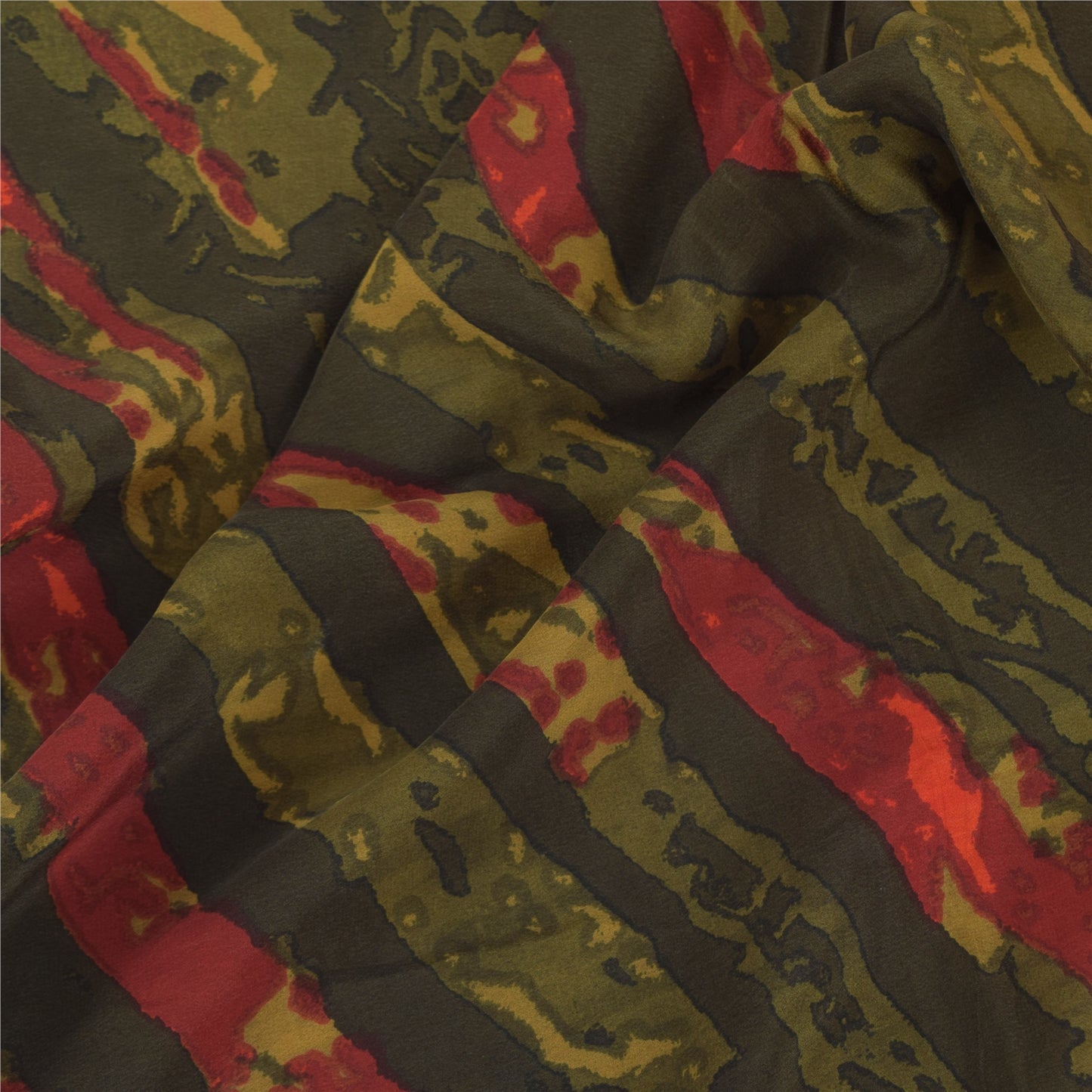 Sanskriti Vintage Olivengrøn Dupatta Lang Stola Ren Crepe Trykt Premium Slør