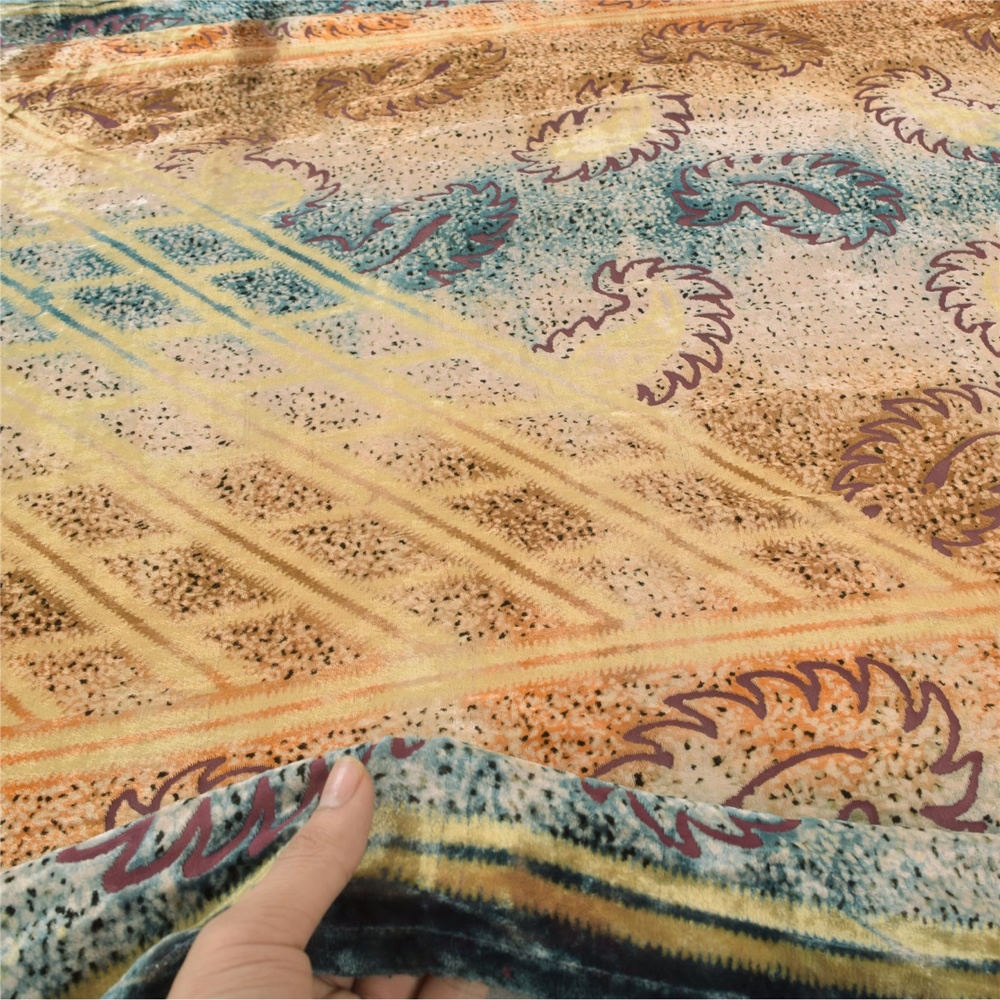 Sanskriti Vintage Blue/Yellow Dupatta Long Stole Velvet Printed Premium Scarves