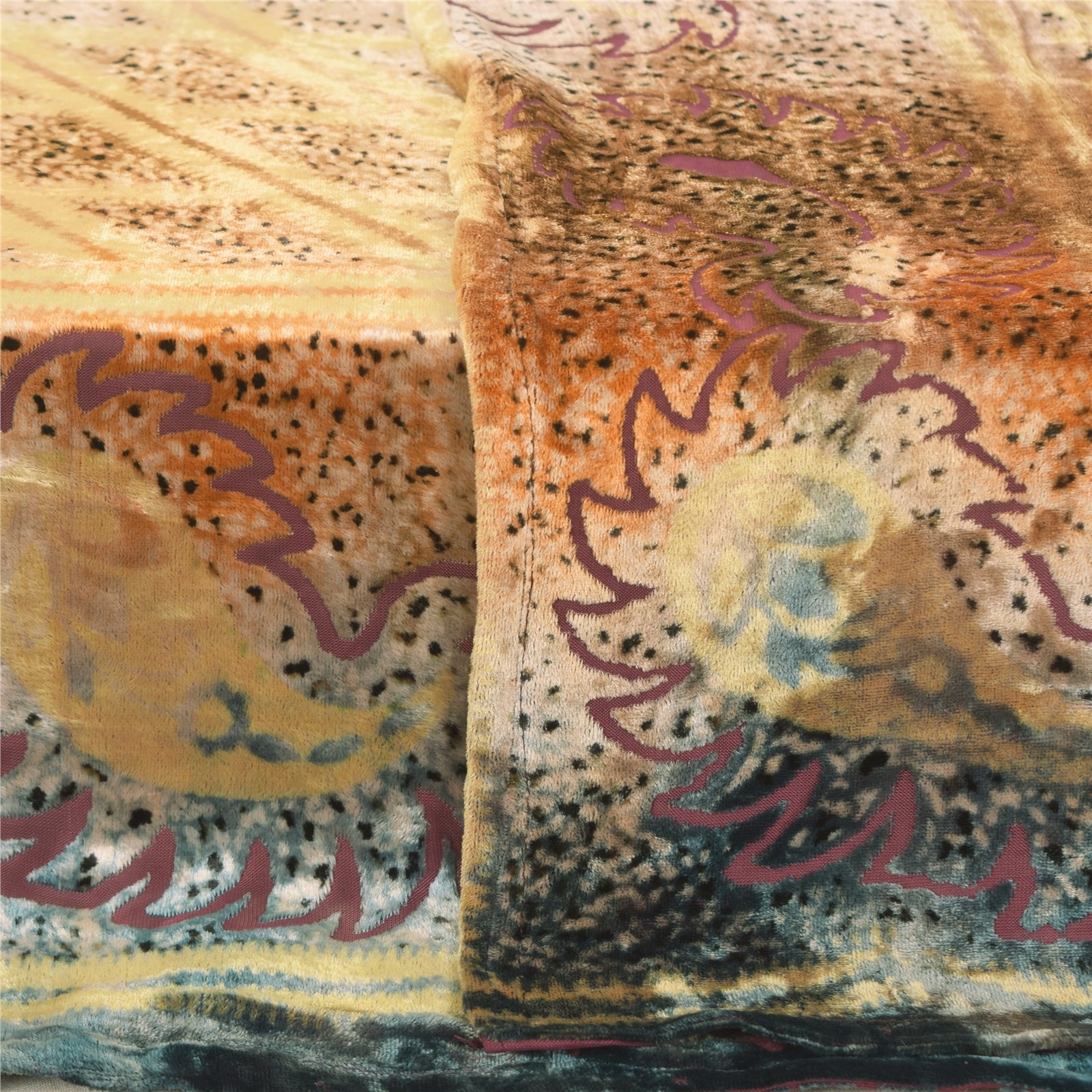 Sanskriti Vintage Velvet Printed Dupatta: Blue & Yellow Floral Long Scarf For Crafting, Upcycling, or Even Wearing For DIY Projects by