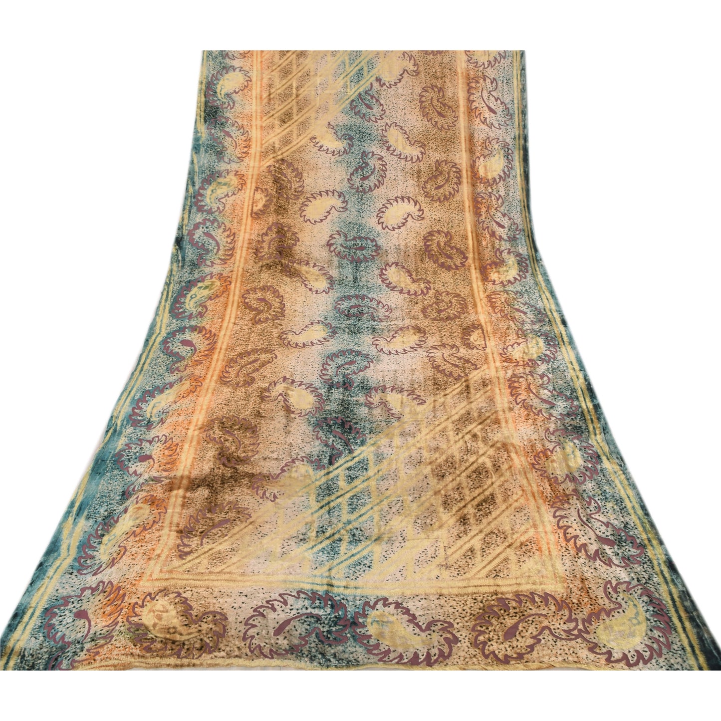 Sanskriti Vintage Blue/Yellow Dupatta Long Stole Velvet Printed Premium Scarves