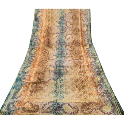 Sanskriti Vintage Blue/Yellow Dupatta Long Stole Velvet Printed Premium Scarves