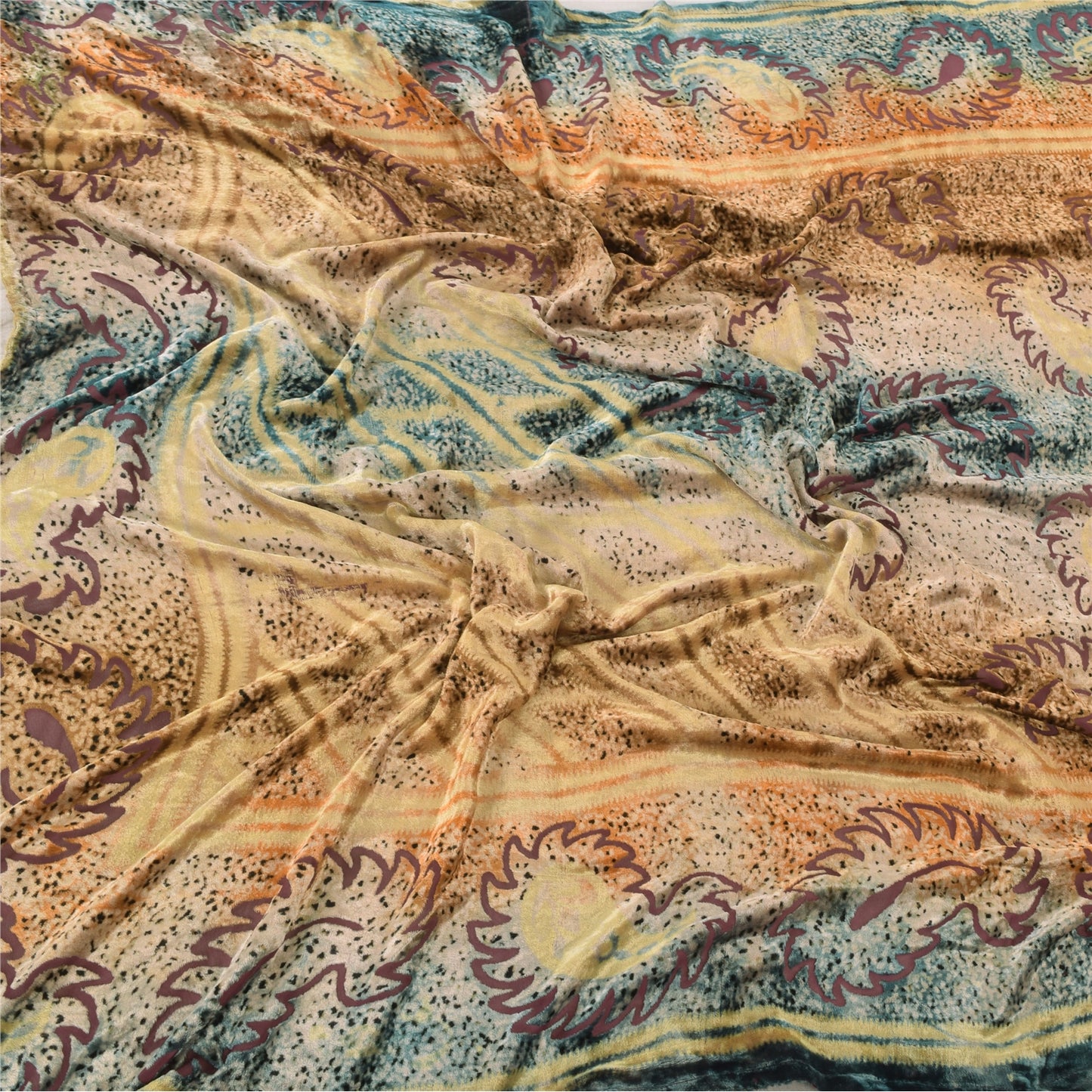 Sanskriti Vintage Blue/Yellow Dupatta Long Stole Velvet Printed Premium Scarves