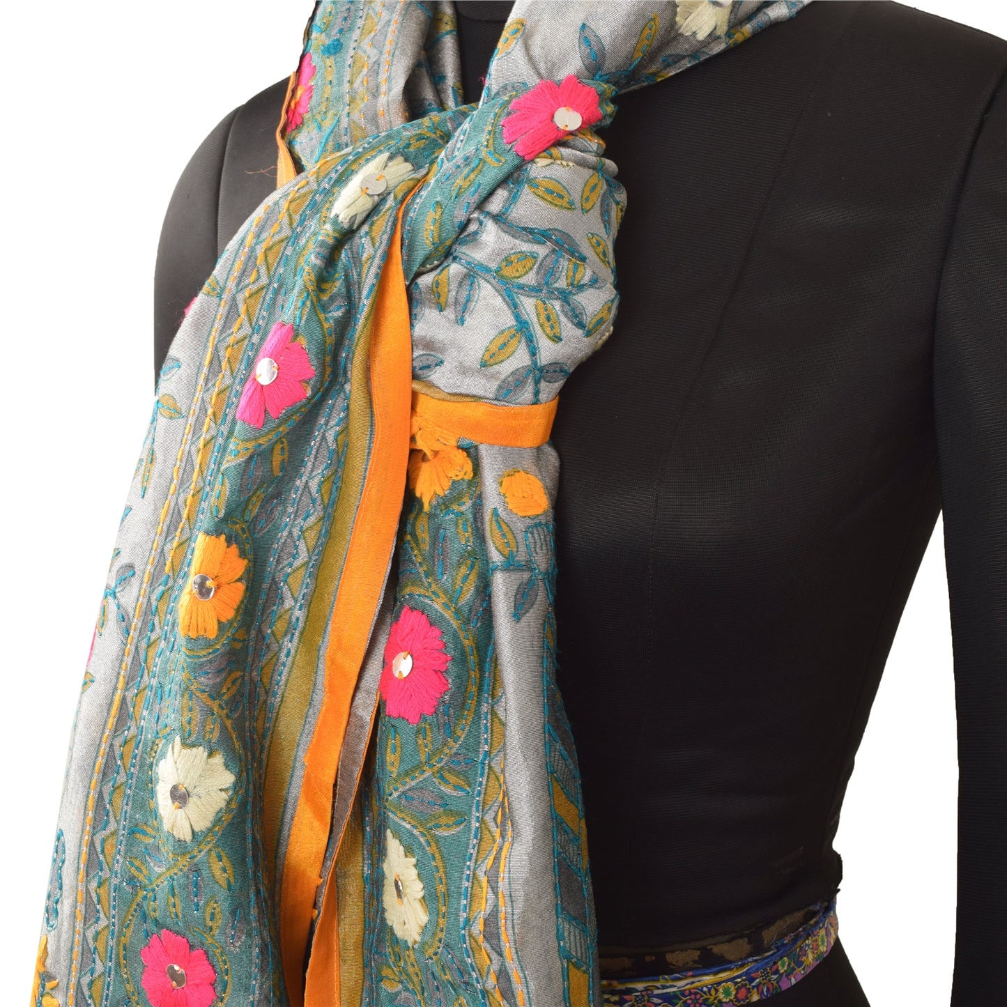 Sanskriti Vintage Gray Dupatta Long Stole Art Silk Phulkari Hand Embroidery Veil
