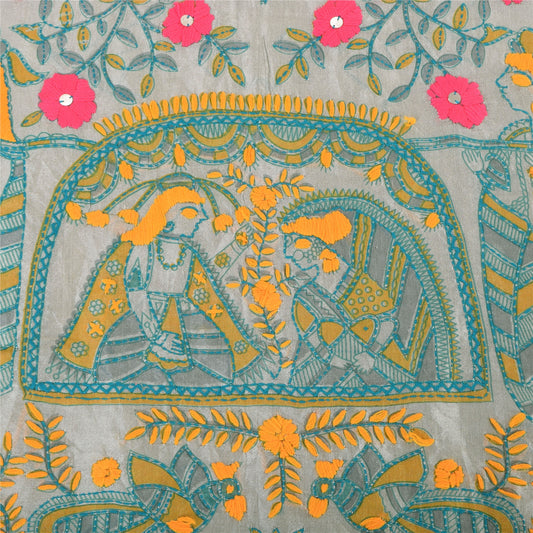 Sanskriti Vintage Gray Dupatta Long Stole Art Silk Phulkari Hand Embroidery Veil